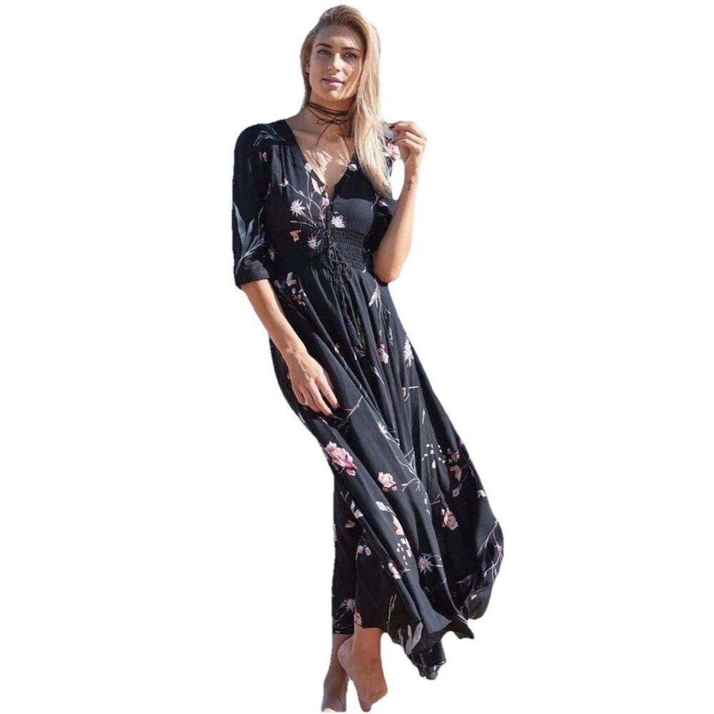 Jaase Indiana Black Floral Button Down Maxi Dress Boho Cottagecore XS